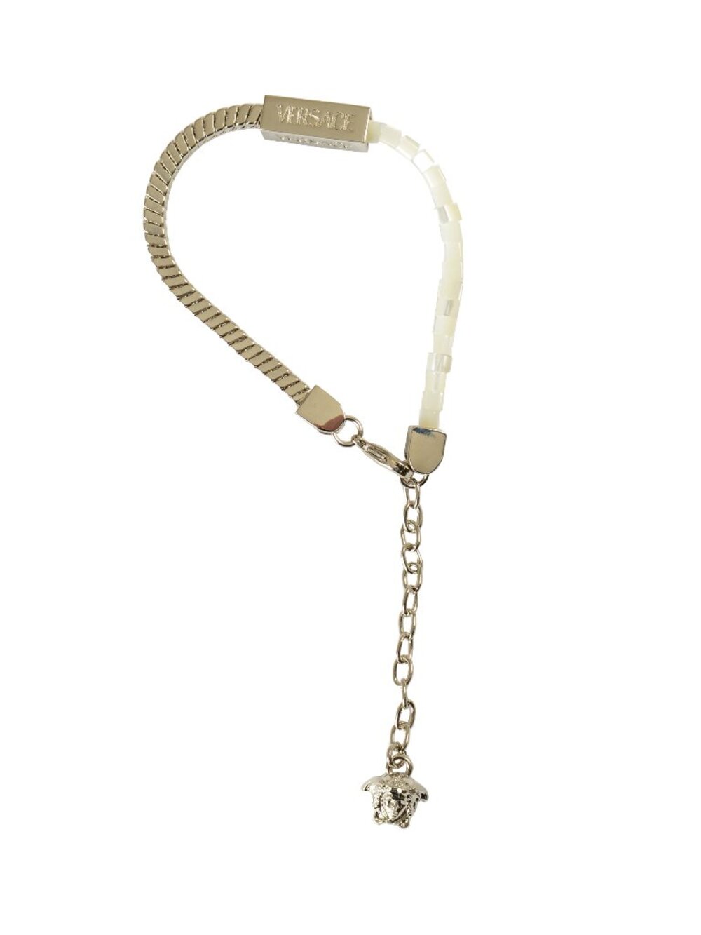 Versace Silver Color Metal & Mother Of Pearl Beads Logo Engraved Bracelet